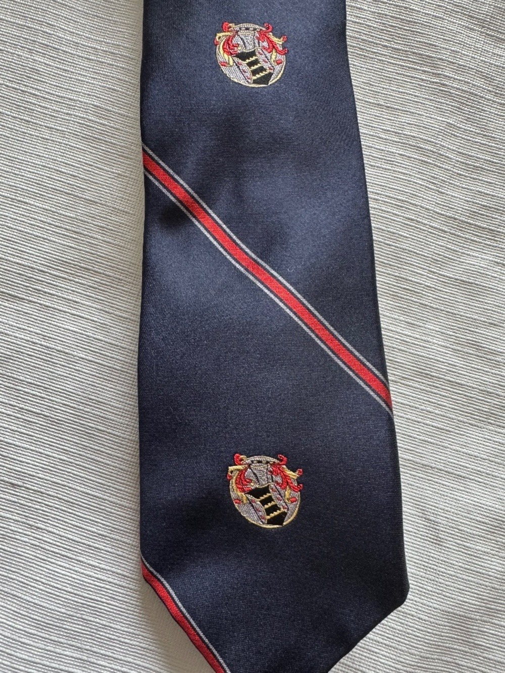 Frame Silk Navy Tie with Red and Gold Crest and Stripe